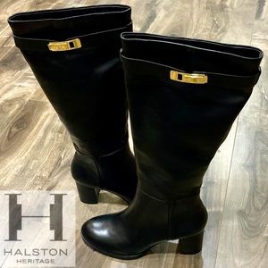 👢NWT! Halston Heritage Ava Black Leather 3” Stacked Heel Boot with Round Toe